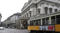 Beautiful Old Tram Vintage Yellow Tramway Moves Scala Opera Milan Italy Italian HD Footage