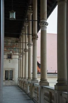 Beautiful open corridor with many columns in a row, Krakow Stock Photos