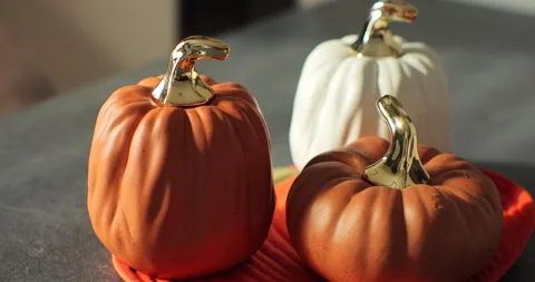 Beautiful orange plastic pumpkin on background. Video for halloween, happy Stock Footage 254247598