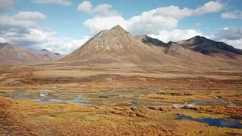 Beautiful orange tundra with dramatic peak in the background Stock Footage 128444235