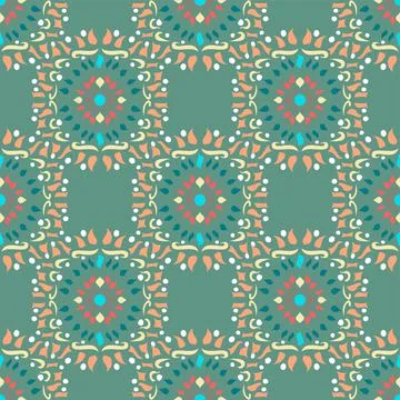 Beautiful Ornate Vector Repeat Pattern With India Inspired Art On A Green Bac Stock Illustration