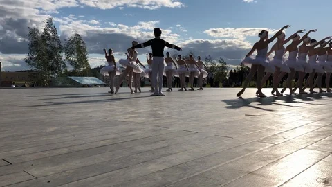 Beautiful outdoor ballet performance young females Moscow Russia August 2018 Stock Footage 94888192