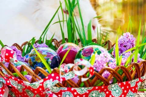 Beautiful painted Easter eggs and bunny behind the basket Stock Photos