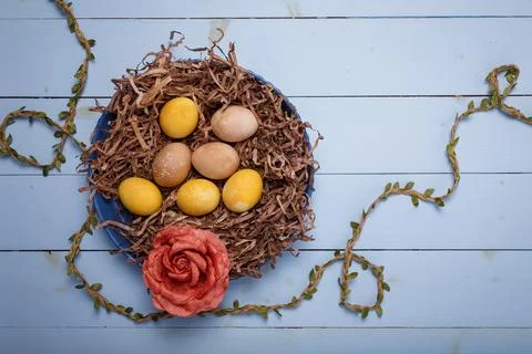 Beautiful painted Easter eggs in decorative nest with fabric rose flower Stock Photos