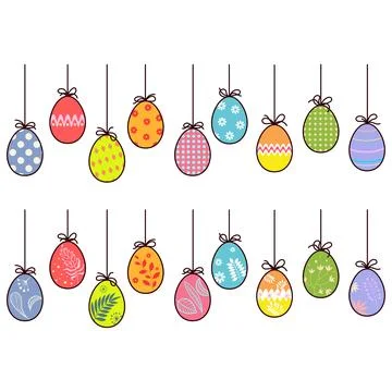 Beautiful painted Easter eggs hang on strings Stock Illustration