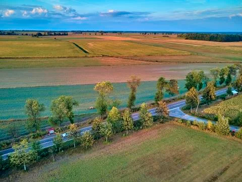 Beautiful panoramic aerial drone view to view of fields in eastern Poland at  Stock Photos