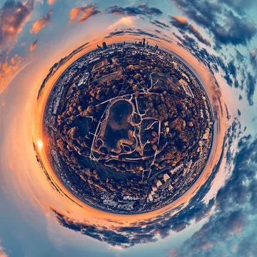 A beautiful panoramic aerial drone view of the sunset at Pola Mokotowskie i.. Stock Photos