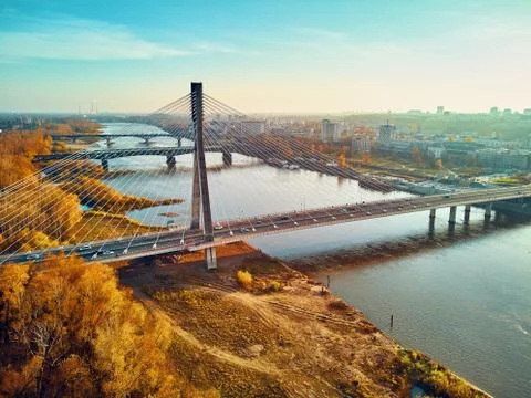 Beautiful panoramic aerial dsrone view to Swietokrzyski Bridge (Polish: Swiet Stock Photos
