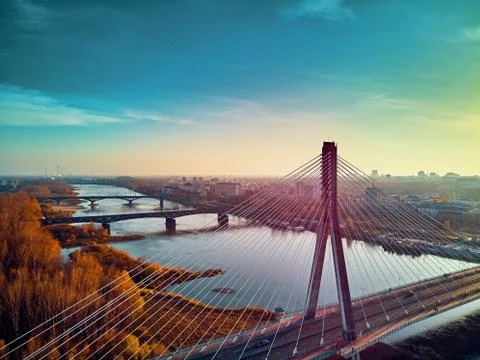 Beautiful panoramic aerial dsrone view to Swietokrzyski Bridge (Polish: Swiet Stock Photos