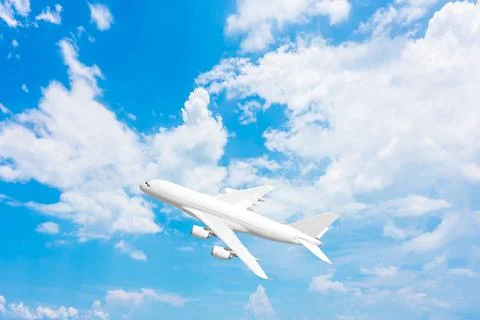 Beautiful panoramic background with flying plane in the blue sky. Launched pa Stock Illustration