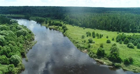 Beautiful panoramic landscape a calm river surrounded by green forest, Top view Stock Footage 135909428