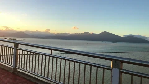 Beautiful panoramic sunset mountain scenery viewing from Thuan Phuoc bridge of Video stock 143990165