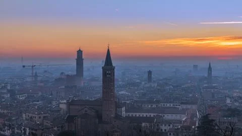 Beautiful panoramic sunset view of old town of Verona, Torre Lamberti Stock Photos