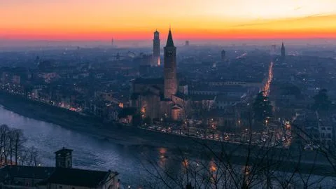 Beautiful panoramic sunset view of old town of Verona, Torre Lamberti Stock Photos