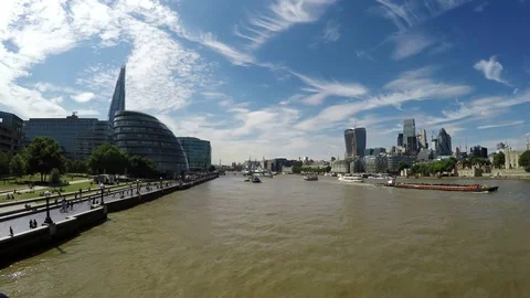 Beautiful panoramic view of boats on Thames and The Shard in London, UK Stock Footage 79506907