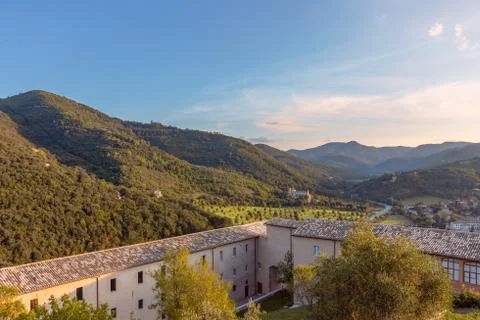 Beautiful panoramic view from castle La Roca of the hills of Umbria in Spolet Stock Photos