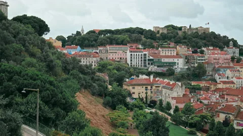 Beautiful panoramic view of the central Lisbon with many colored houses in 4K. Stock Footage 169623078