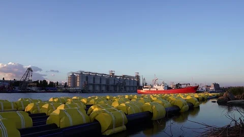 Beautiful panoramic view on innovative big crane factory manufacture facility Stock Footage 95404772