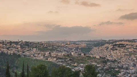 Beautiful Panoramic view of Jerusalem at evening dusk time. Israel, Timelapse. Video stock 104977794