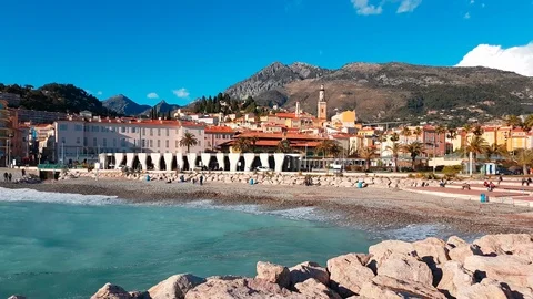 Beautiful Panoramic View of The Old Town of Menton And The Mediterranean Sea Stock Footage 86888875