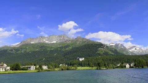 Beautiful Panoramic View over Lake Silvaplana and Swiss Alps with Blue Sky Stock Footage 285430179