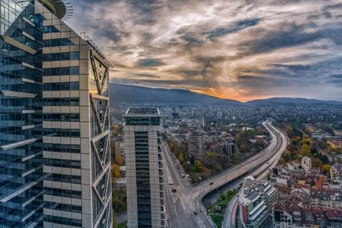 Beautiful panoramic view over Sofia cityscape at sunset, in Bulgaria  Europe Stock Photos