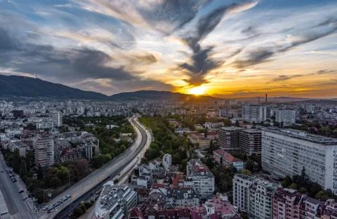 Beautiful panoramic view over Sofia cityscape at sunset, in Bulgaria  Europe Stock Photos