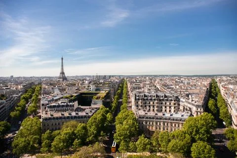 Beautiful Panoramic View of Paris with Eiffel Tower from Roof of Triumphal Ar 스톡 사진