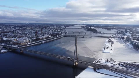 Beautiful panoramic view of Riga cityscape at sunny winter day. Stock Footage 163538390