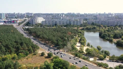 Beautiful panoramic view of road between forest with pine trees with driving Stock Footage 131847911