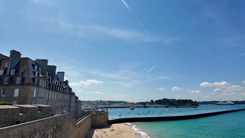 Beautiful panoramic view of Saint-Malo’s coastline and the Emerald Coast, with Stock Footage 340566409