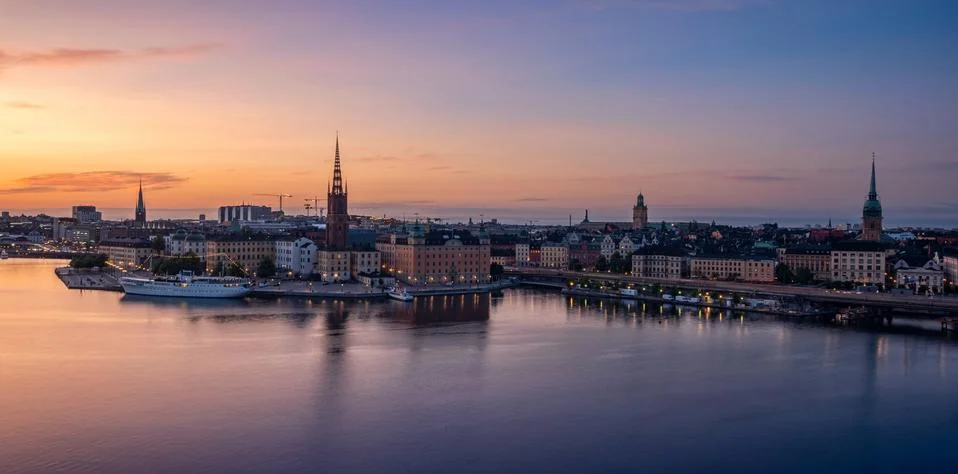Beautiful panoramic view of Stockholm in the evening after sunset Stock Photos