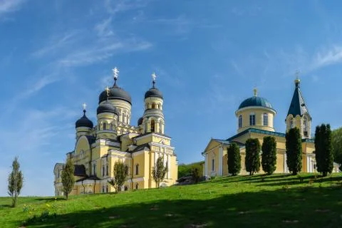 Beautiful panoramic view of two stone orthodox churches in Hincu Monastery, M Stock Photos