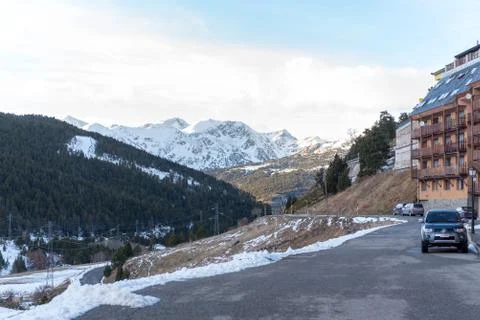 Beautiful path in the first autumn snow in Bordes de Envalira, Canillo, Andor Stock Photos