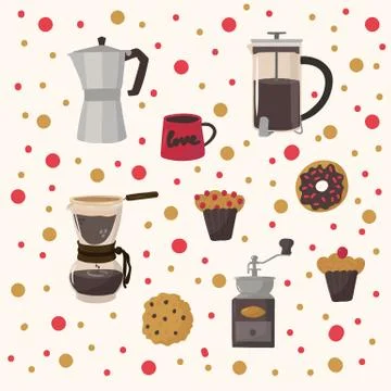 Beautiful pattern of coffee drinks and food. Hand-drawn background for kitchen Stock Illustration