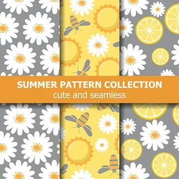 Beautiful pattern collection with daisies, lemons, bees and sun. Summer banne Stock Illustration
