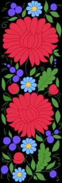 Beautiful pattern of flowers, leaves and buds on a black background. Can be u Stock Illustration
