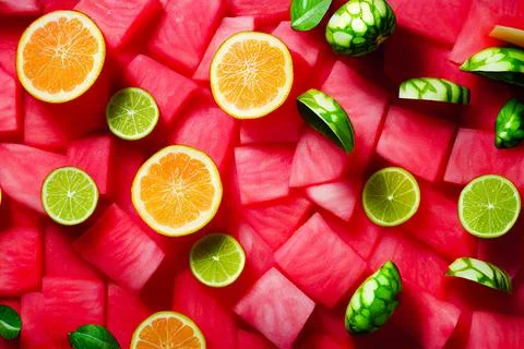 Beautiful pattern with fresh watermelon slices and orange, lime. Top view. Stock Illustration