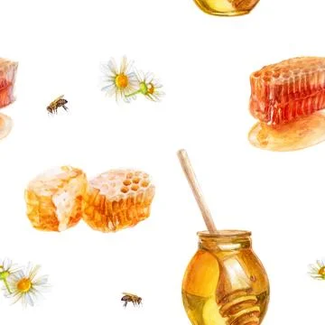Beautiful pattern with Honey Jar, Honeycomb, Bees, and Chamomile Flowers for art Stock Illustration