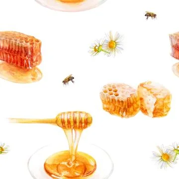 Beautiful pattern with Honey Jar, Honeycomb, Bees, and Chamomile Flowers for art Stock Illustration