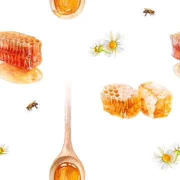 Beautiful pattern with Honey Jar, Honeycomb, Bees, and Chamomile Flowers for art Stock Illustration