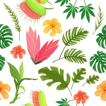 Beautiful pattern with jungle leaves, flowers Stock Illustration