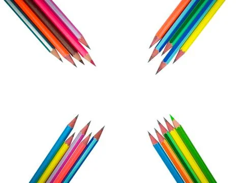 A beautiful pattern made with different colored wood pencil crayons on white Stock Photos