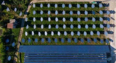 Beautiful pattern of many solar panels, that staying on the ground. Stock Photos