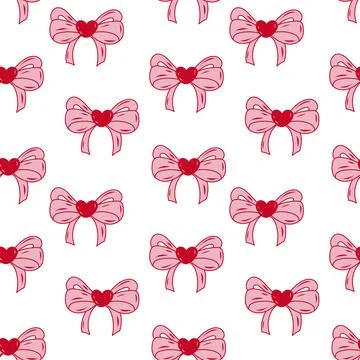 Beautiful pattern of pink bows with red hearts on a white background イラスト素材