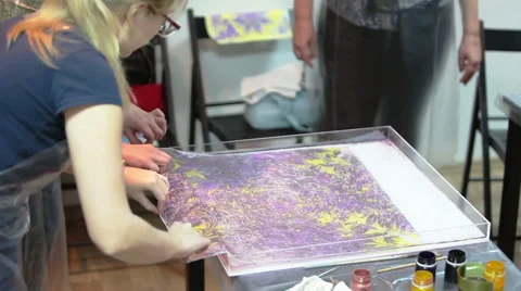 Beautiful pattern printing on silk shawl from water surface. The Ebru Video stock 44140427