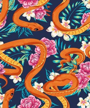 Beautiful pattern with a snake and tropical leaves. Beautiful all-over print  Stock Illustration
