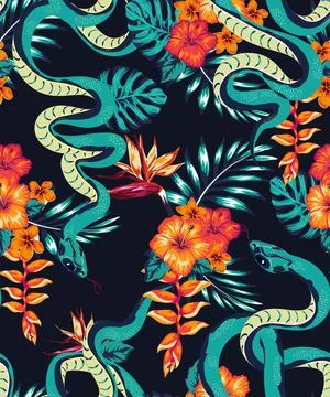 Beautiful pattern with a snake and tropical leaves. Beautiful all-over print  Illustrazione stock