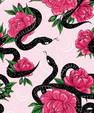 Beautiful pattern with snake and tropical leaves. Beautiful all-over print wi Stock Illustration
