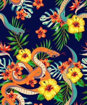 Beautiful pattern with snake and tropical leaves. Beautiful all-over print wi Stock Illustration